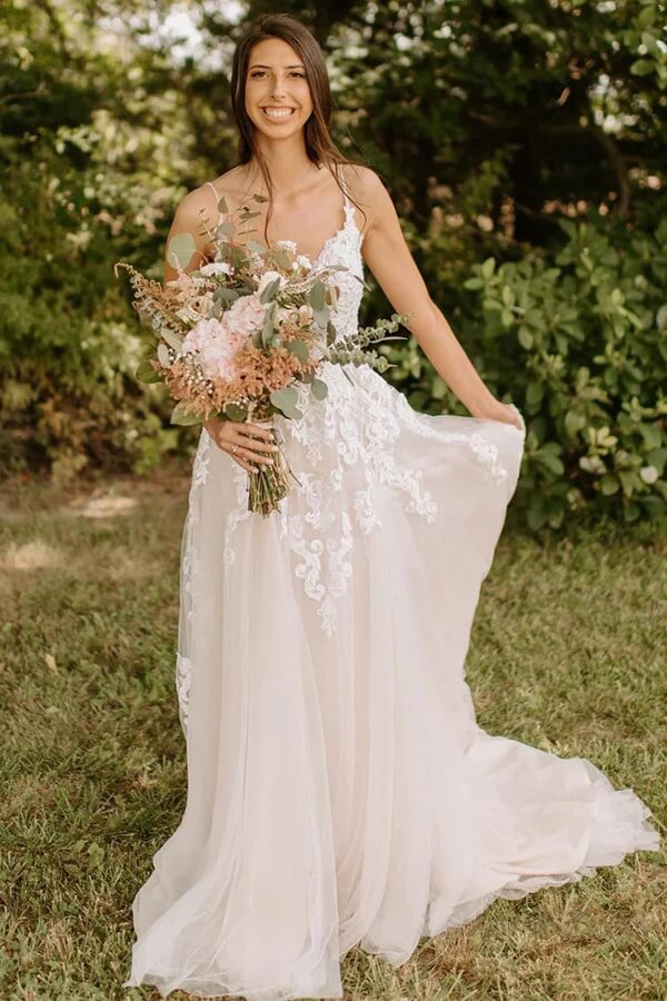 a line dress for summer wedding A-Line Straps Lace Summer Wedding Dress Destination Casual Elegant With  Deep-V Back And Split Front