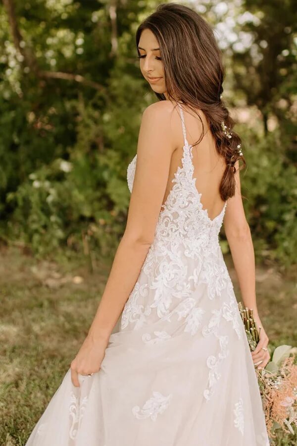 rustic formal dresses Tulle Spaghetti Strap Lace Wedding Dresses, MW1144