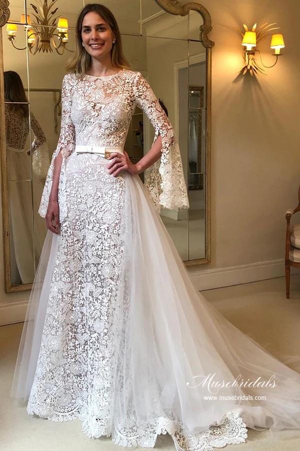 A line Long Sleeves Floral Lace Wedding Dresses With Detachable Train MW953