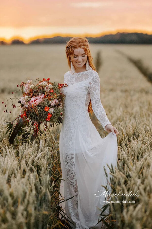 A-line Scoop Neck Backless Long Sleeves Lace Wedding Dresses, MW989 A-line Scoop Neck Backless Long Sleeves Lace Wedding Dresses, MW989
