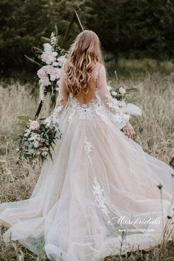 A-line V-neck Long Sleeves Beach Wedding Dresses MW865