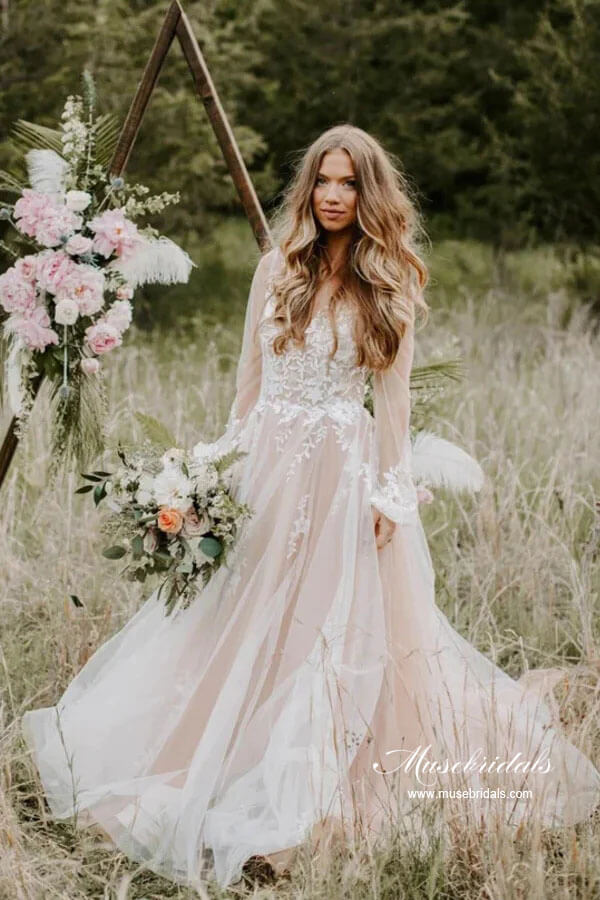 A-line V-neck Long Sleeves Beach Wedding Dresses With Lace Appliques, MW865 A-line V-neck Long Sleeves Beach Wedding Dresses With Lace Appliques, MW865