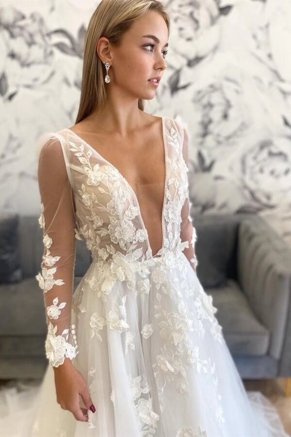 A Line V Neck Long Sleeves Backless Wedding Dresses With Appliques, MW1148
