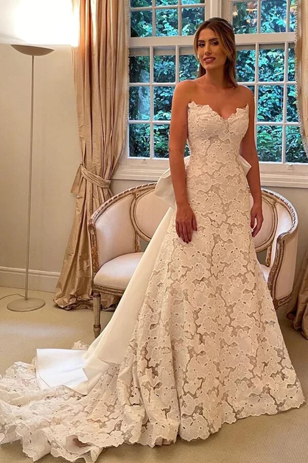 Beautiful Ivory Lace A-line Strapless Boho Wedding Dresses With Bowtie,  MW866