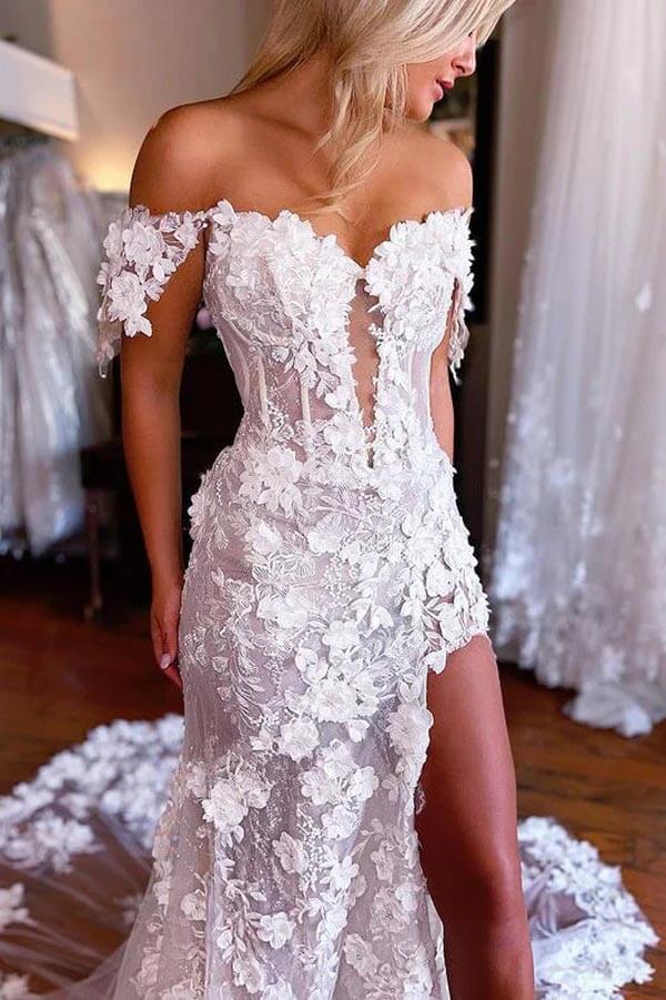 Beautiful Lace Mermaid 3D Flowers Boho Wedding Dresses With Slit, MW1006 Beautiful Lace Mermaid 3D Flowers Boho Wedding Dresses With Slit, MW1006