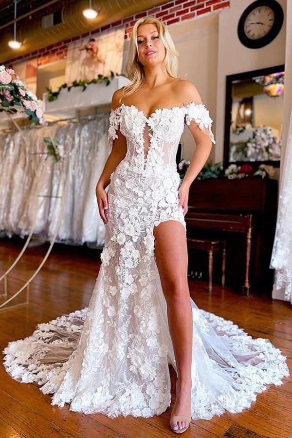Lace Mermaid Boho Wedding Dresses With Slit, MW1006 | Musebridals Lace Mermaid Boho Wedding Dresses With Slit, MW1006 | Musebridals