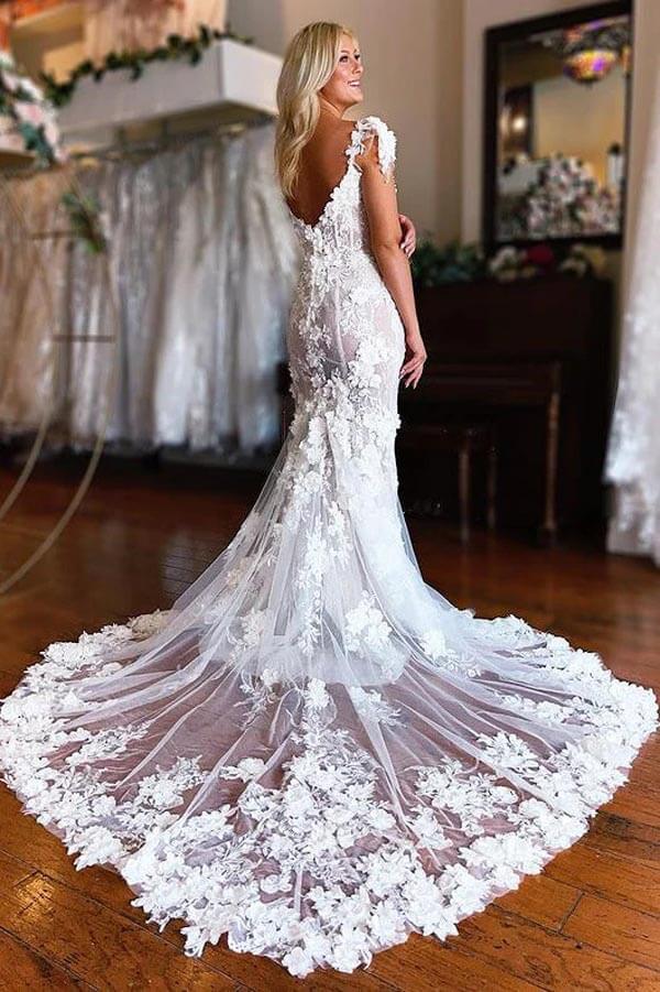 Lace Mermaid Boho Wedding Dresses With Slit, MW1006 | Musebridals Lace Mermaid Boho Wedding Dresses With Slit, MW1006 | Musebridals