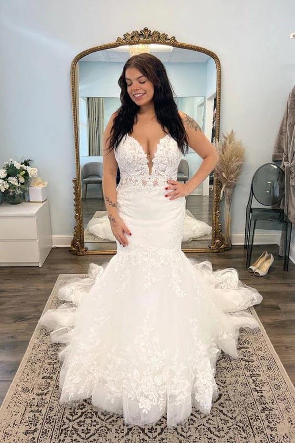 Beautiful Tulle Mermaid V-neck Lace Appliques Wedding Dresses, Bridal  Gowns, MW887
