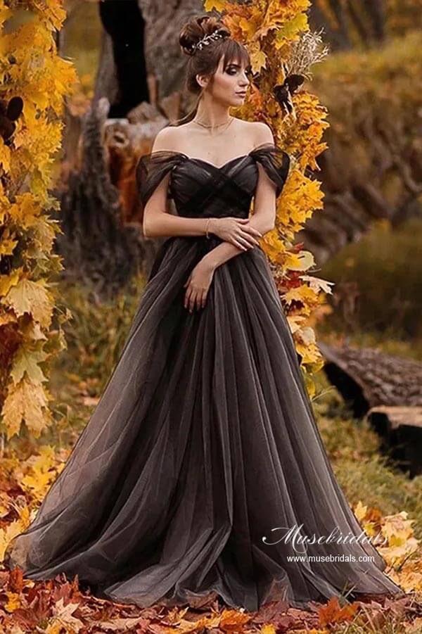 Black A-line Off Shoulder Simple Wedding Dresses, MW960