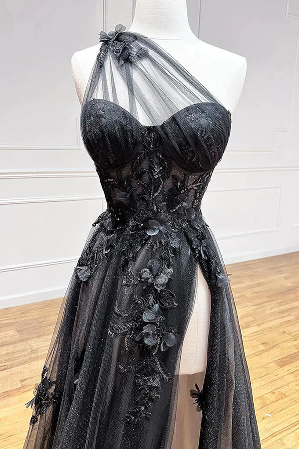 Black A-line Tulle One Shoulder 3D Lace Prom Dress MP889 | Musebridals Black A-line Tulle One Shoulder 3D Lace Prom Dress MP889 | Musebridals