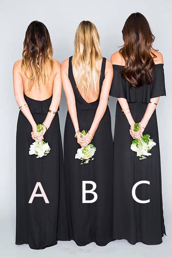 Black Chiffon A-line Mismatched Floor Length Bridesmaid Dresses, MBD251