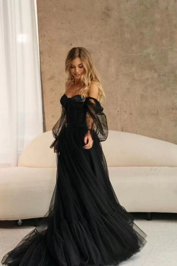 Black Flowy Tulle A Line Sweetheart Long Sleeves Wedding Dresses, MW1121 Black Flowy Tulle A Line Sweetheart Long Sleeves Wedding Dresses, MW1121