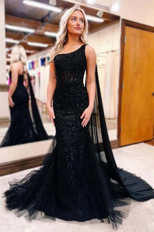 Black Mermaid Lace One Shoulder Long Prom Dresses, Evening Dress, MP966 | Musebridals Black Mermaid Lace One Shoulder Long Prom Dresses, Evening Dress, MP966 | Musebridals