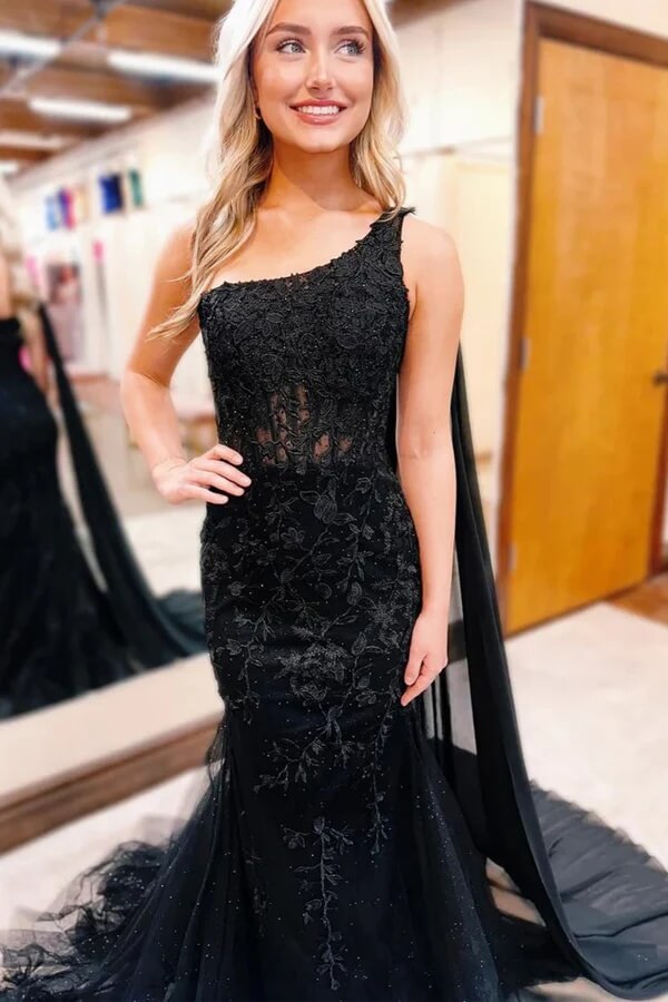 Black Mermaid Lace One Shoulder Long Prom Dresses, Evening Dress, MP966 | Musebridals Black Mermaid Lace One Shoulder Long Prom Dresses, Evening Dress, MP966 | Musebridals
