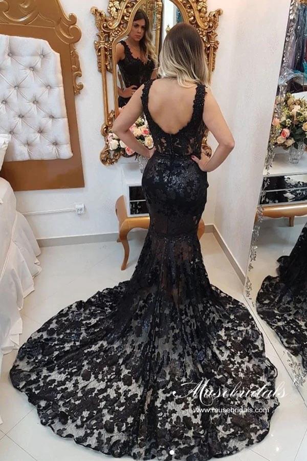 Black Mermaid Lace V-neck Prom Dresses With Train, MP901 | Musebridals Black Mermaid Lace V-neck Prom Dresses With Train, MP901 | Musebridals