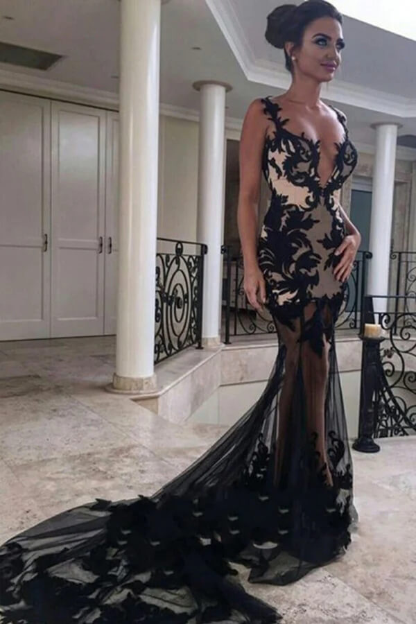 princess polly baby blue dress V Neck Open Back Mermaid Black Lace Long Prom Dress with High Slit, Me –  morievent main image 0