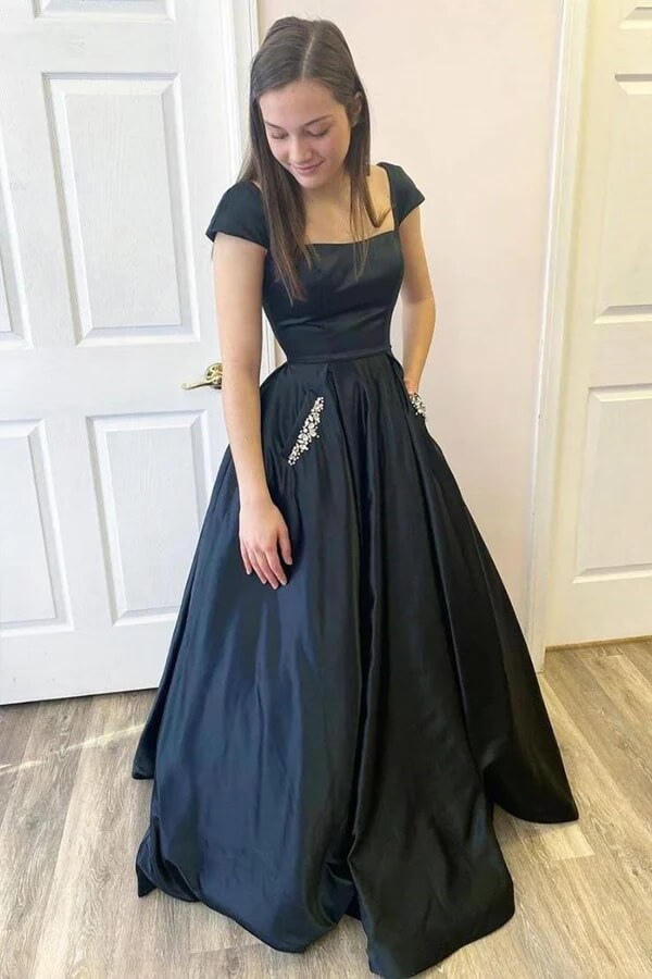 Black Satin A-line Cap Sleeves Open Black Prom Dresses With Pockets, MP825 Black Satin A-line Cap Sleeves Open Black Prom Dresses With Pockets, MP825