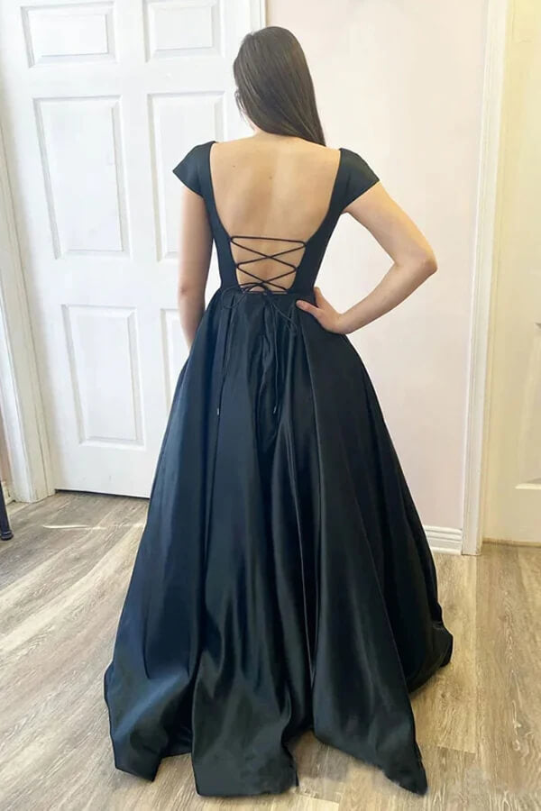 Black Satin A-line Cap Sleeves Open Black Prom Dresses With Pockets, MP825 Black Satin A-line Cap Sleeves Open Black Prom Dresses With Pockets, MP825