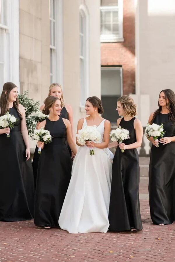 Black Satin A Line Round Neck Floor Length Simple Bridesmaid Dresses, MBD291 | cheap bridesmaid dress | junior bridesmaid dress | long bridesmaid dress | musebridals.com