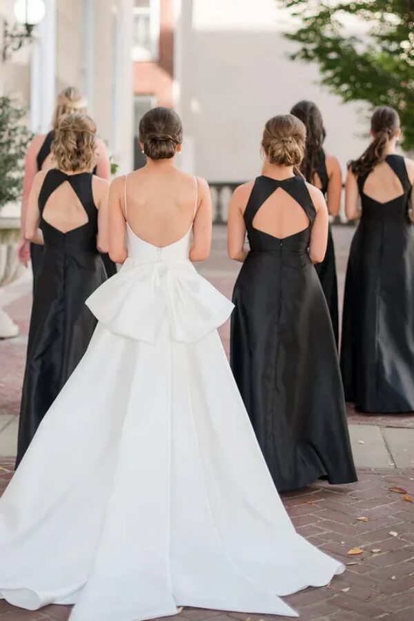 Black Satin A Line Round Neck Floor Length Simple Bridesmaid Dresses, MBD291