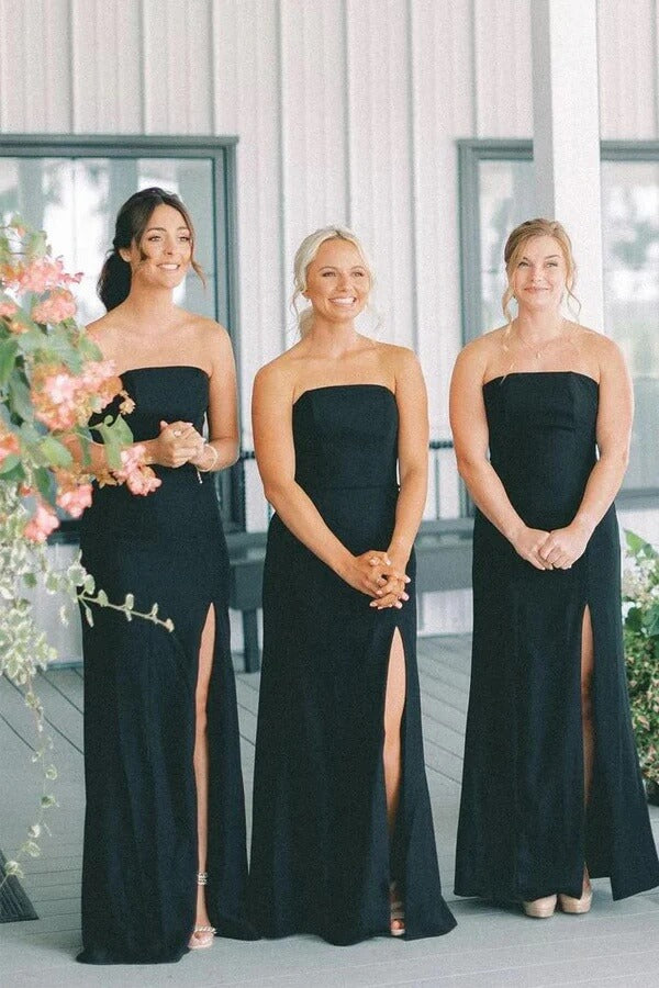 Black Satin Mermaid Sleeveless Long Bridesmaid Dresses With Slit, MBD280 Black Satin Mermaid Sleeveless Long Bridesmaid Dresses With Slit, MBD280