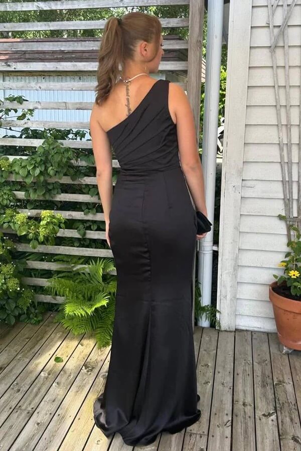knee length dresses for ladies Black Satin Sheath One Shoulder Prom Dresses, MP1049