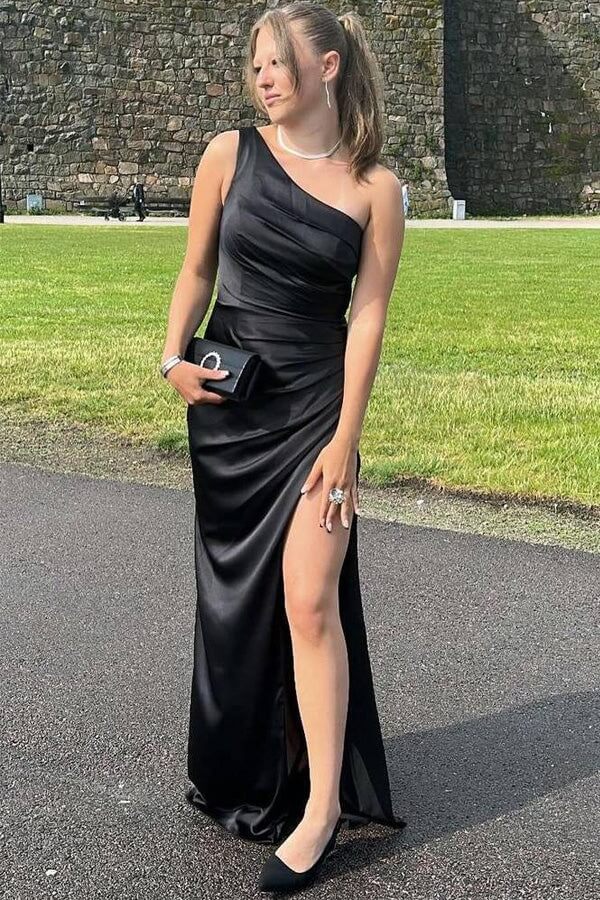 Black Satin Sheath One Shoulder Prom Dresses, MP1049 | Musebridals Black Satin Sheath One Shoulder Prom Dresses, MP1049 | Musebridals