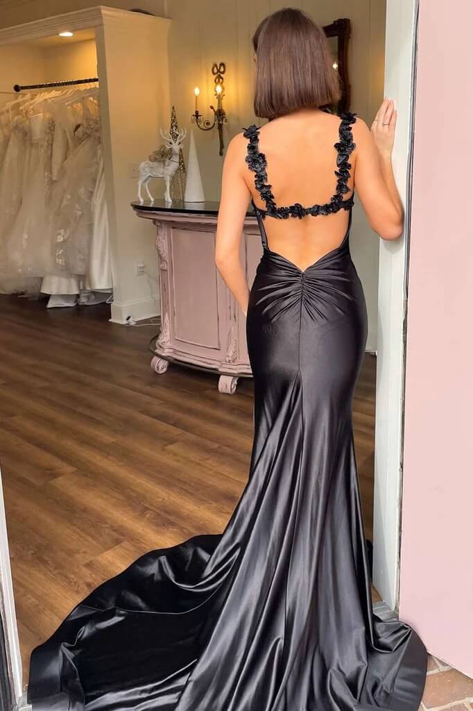 Black Satin Spaghetti Straps Mermaid Prom Dresses, MP934