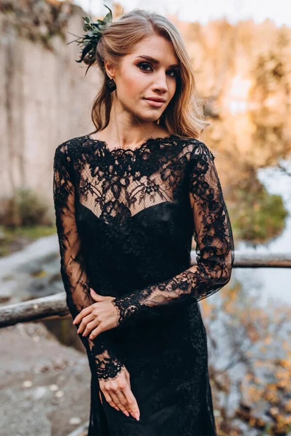 Black Sheath Sweetheart Long Sleeves Lace Wedding Dresses, Bridal Gown, MW997