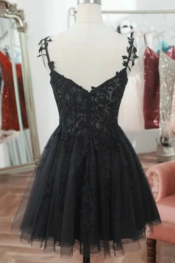Black Tulle A-line Spaghetti Straps Sweetheart Lace Homecoming Dress, MH654