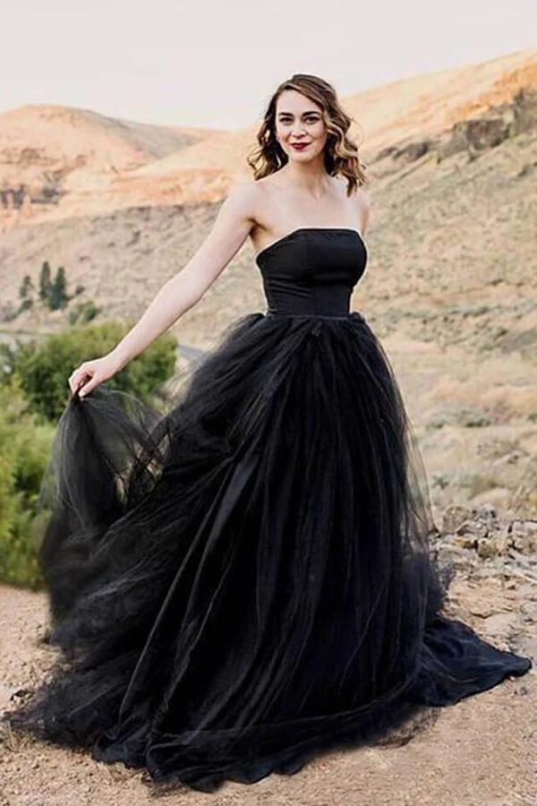 Black Tulle A-line Strapless Wedding Dresses With Train, Bridal Gown, MW996 Black Tulle A-line Strapless Wedding Dresses With Train, Bridal Gown, MW996