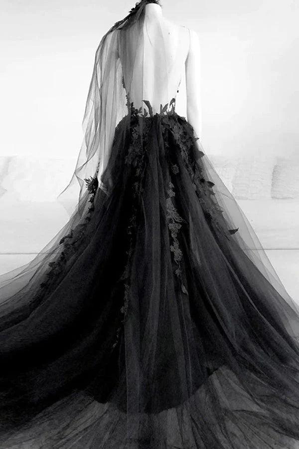 Black Tulle A-line V-neck Slit Long Prom Dresses With Lace Appliques, MP831 | cheap long prom dresses | a line prom dresses | party dress | musebridals.com