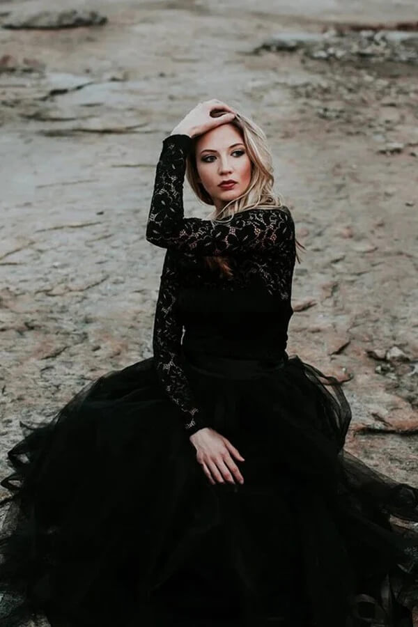 Black Tulle Long Sleeves Boho Wedding Dresses, MW1049 Musebridals