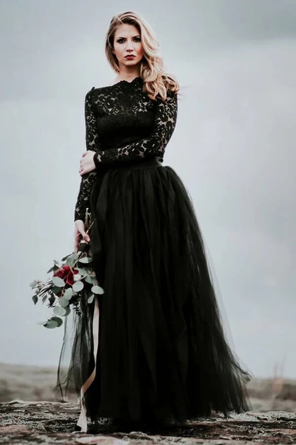 Black Tulle Long Sleeves Boho Wedding Dresses With Lace Appliques, MW1049 Black Tulle Long Sleeves Boho Wedding Dresses With Lace Appliques, MW1049