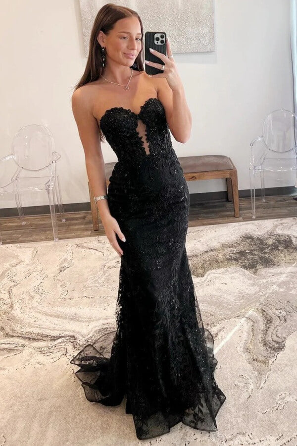 Black Tulle Mermaid Lace Appliques Sweetheart Keyhole Long Prom Dresses, MP977 | black long prom dress | mermaid lace prom dresses | evening gown | musebridals.com