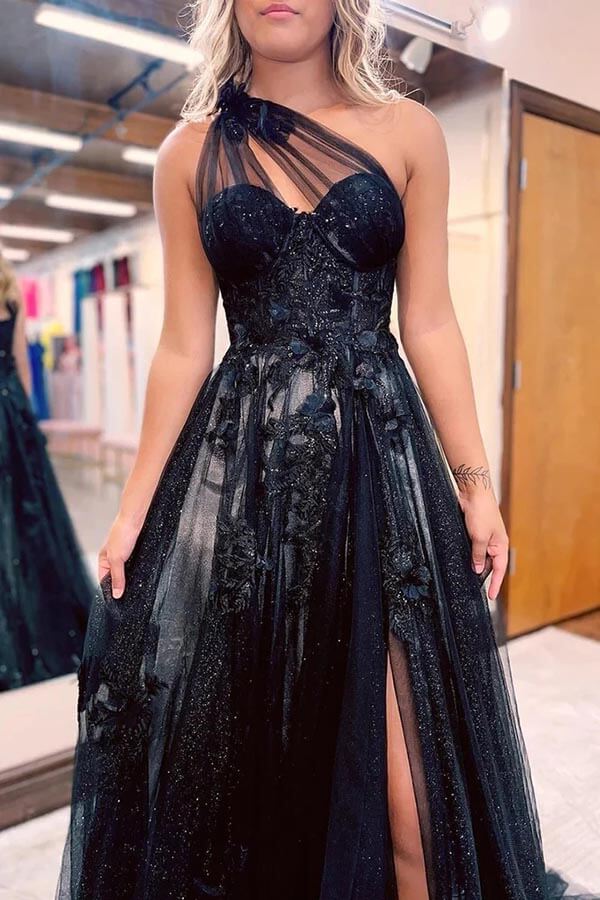 Black Tulle One Shoulder Side Slit Long Prom Dresses With 3D Flowers, MP848 Black Tulle One Shoulder Side Slit Long Prom Dresses With 3D Flowers, MP848