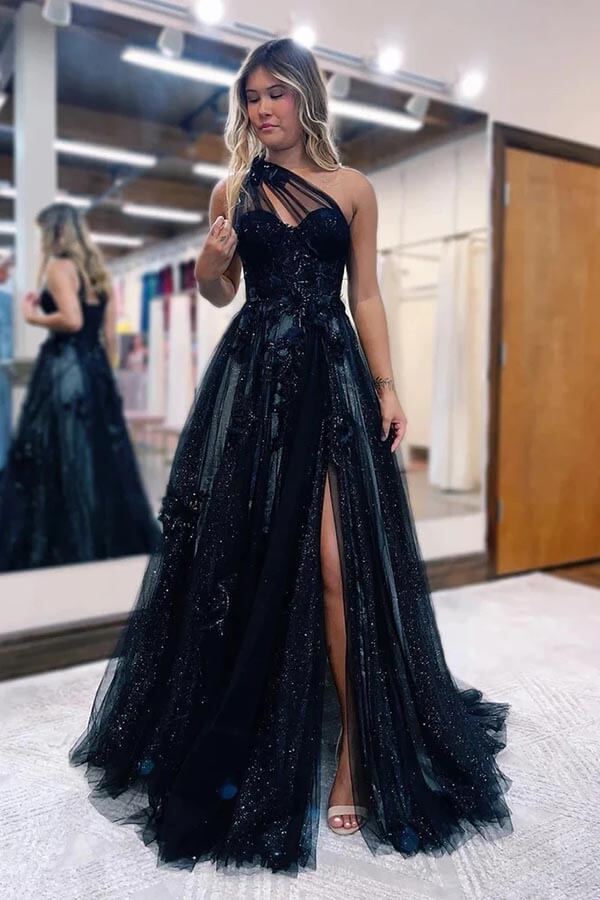 Black Tulle One Shoulder Side Slit Long Prom Dresses With 3D Flowers, MP848 Black Tulle One Shoulder Side Slit Long Prom Dresses With 3D Flowers, MP848