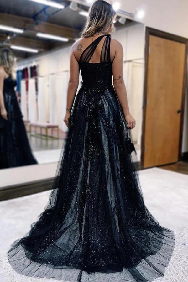 Black Tulle One Shoulder 3D Flowers Prom Dresses, MP848 | Musebridals Black Tulle One Shoulder 3D Flowers Prom Dresses, MP848 | Musebridals