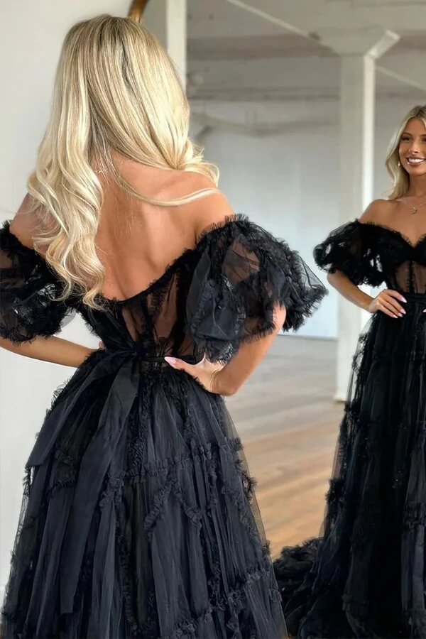 Black Tulle See Through Off Shoulder Ruffled Prom Dresses, Party Dress, MP1000 Black Tulle See Through Off Shoulder Ruffled Prom Dresses, Party Dress, MP1000