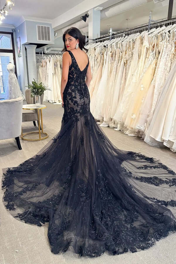 Black Tulle Sheath Lace Appliques Wedding Dresses, MW978 | Musebridals Black Tulle Sheath Lace Appliques Wedding Dresses, MW978 | Musebridals