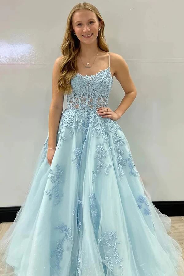 Blue A-line Spaghetti Straps Floor Length Prom Dresses With Appliques, MP833 Blue A-line Spaghetti Straps Floor Length Prom Dresses With Appliques, MP833