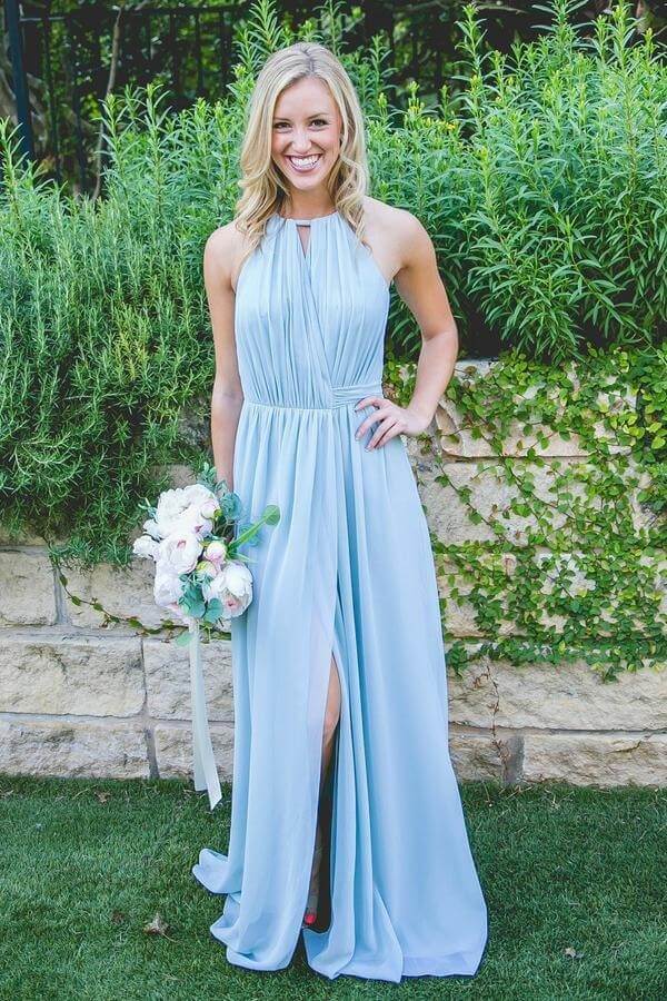 Blue Chiffon A-line Floor-length High Slit Long Bridesmaid Dresses, MBD211