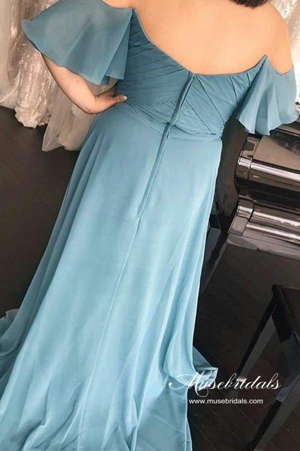 Blue Chiffon Ruched A-line Off-the-Shoulder Long Bridesmaid Dresses, MBD242 | maid of honor's dress | junior bridesmaid dress | wedding guest dress | musebridals.com