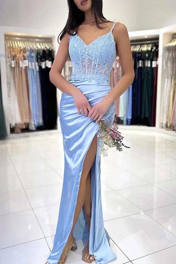 princess polly baby blue dress Blue Mermaid V-neck Lace Appliques Prom Dresses, MP946