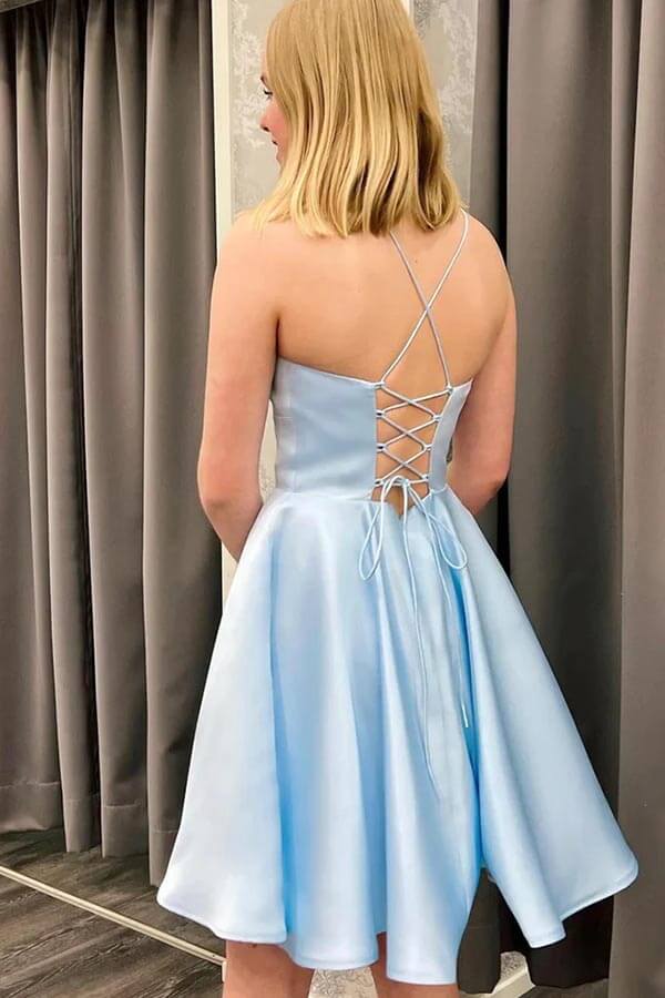 blue dress for baby girl Blue Satin A-line Spaghetti Straps Homecoming Dresses, Graduation Dress,  MH605
