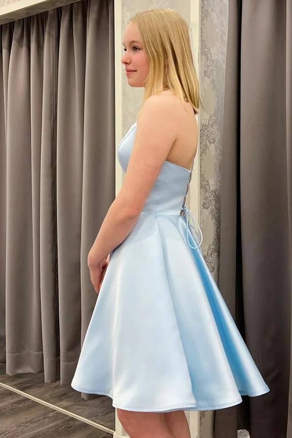 Blue A-line Spaghetti Straps Homecoming Dresses MH605