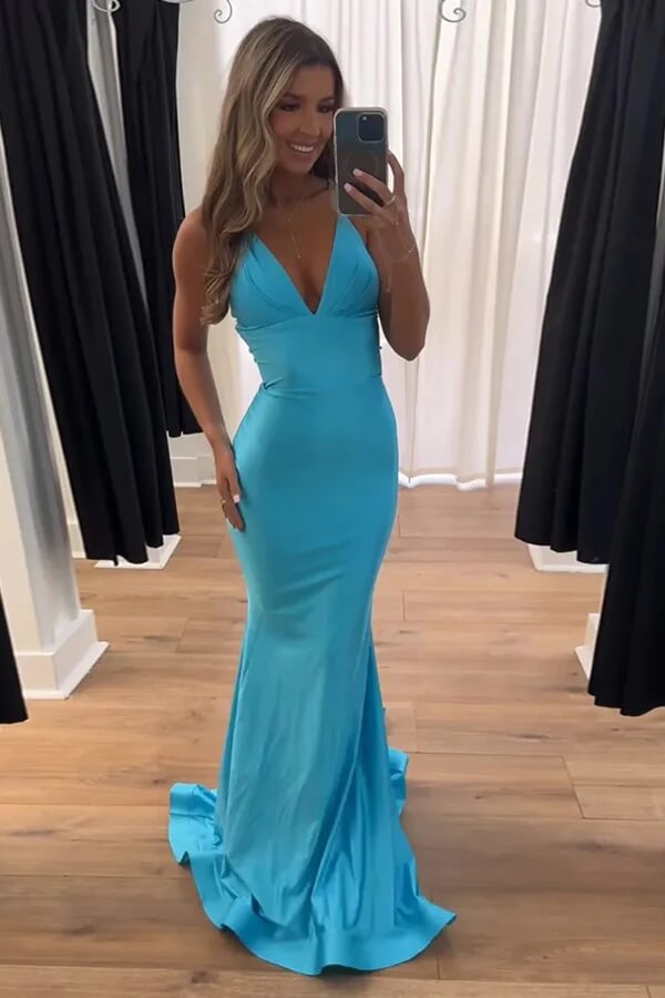 Blue Satin Mermaid Halter Bow Tie Back Prom Dresses With Train, MP1035 | cheap prom dress | simple prom dress | evening gown | musebridals.com