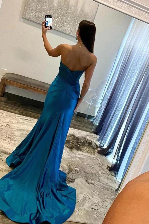 Blue Satin Mermaid Prom Dress With Lace Appliques, MP907 | Musebridals Blue Satin Mermaid Prom Dress With Lace Appliques, MP907 | Musebridals