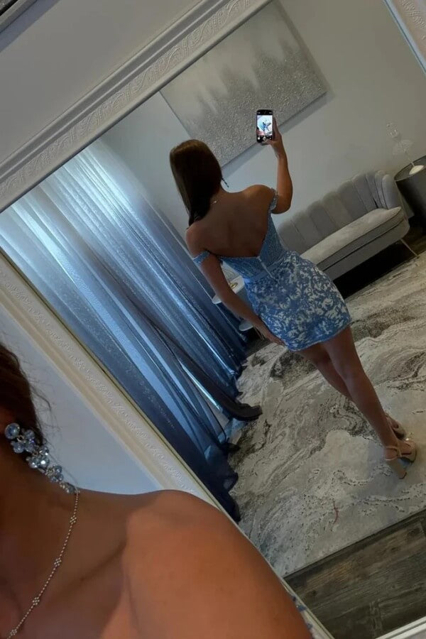Blue Satin Off-the-Shoulder Backless Short Homecoming Dress With Lace, MH674 | short party dress | sweet 16 dress | short homecoming dress | musebridals.com
