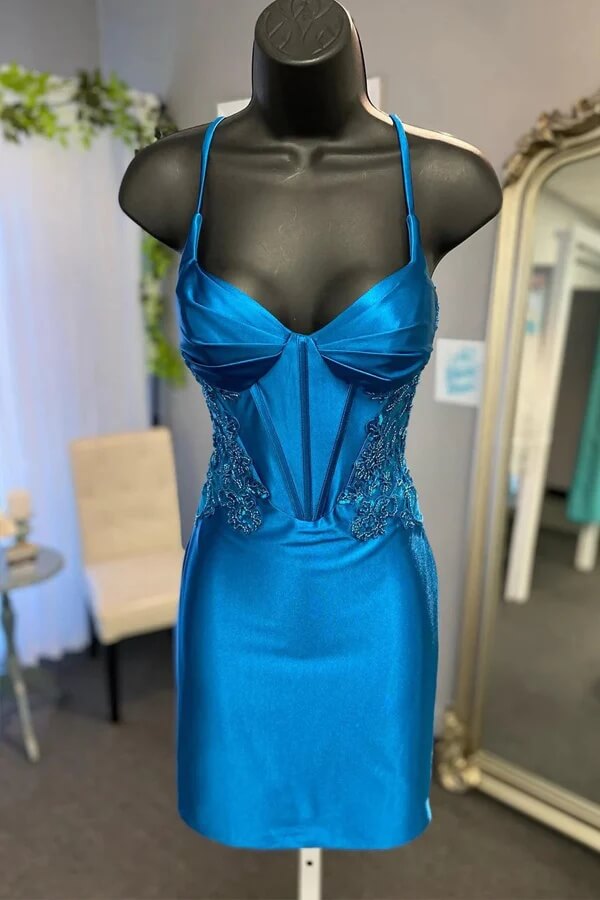 Blue Satin Sheath Homecoming Dress With Appliques, MH636 | Musebridals Blue Satin Sheath Homecoming Dress With Appliques, MH636 | Musebridals